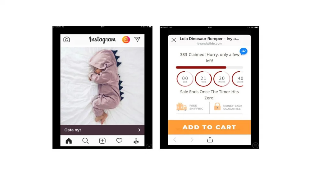 Instagram-mainos, jossa vauva makaa sängyssä dinosauruspuku päällään ja viereinen teksti kehottaa tilaamaan, ennen kuin puvut loppuvat.