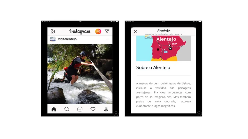 Portugalilainen instagram-mainos, jonka kuvissa näkyy koskessa kahlaava miesoletettu ja Aletejon kartta portugalinkielisen tekstin kanssa.