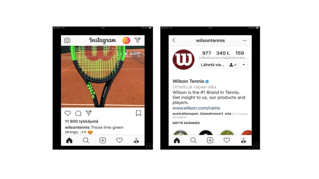 Instagram-kuva Wilsonin tennismailasta ja Wilsonin Instagram-tilin bioteksti, josta löytyy linkki 