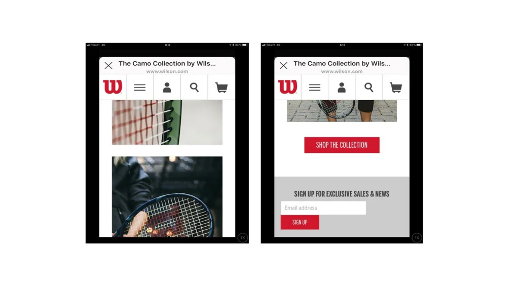 Kuvia Wilsonin camo-kuvioisista tennismailoista verkkosivuston galleriassa, ja painike, jota klikkaamalla pääsee ostamaan mailoja.