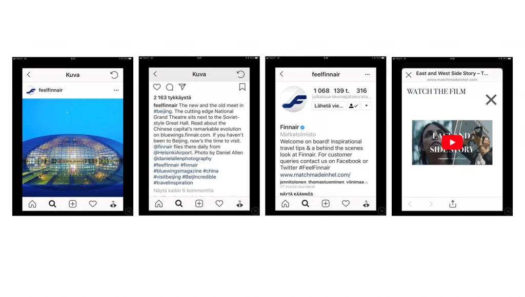 Finnairin Instagram-tilille postattu kuva pyöreästä, lasisesta rakennuksesta iltataivasta vasten, sen kuvateksti, Finnairin Instagram-tilin bioteksti sekä siinä olevasta linkistä avautuva sivu, jolla on videon käynnistyskuvake.