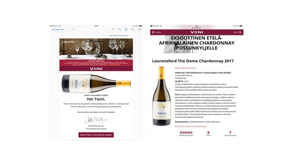 Kuva Viini-lehden sähköpostilla lähettämästä uutiskirjeestä, jossa iso sivuttain makaava viinipullo ja "Hei Tomi" -tervehdyksen alla tekstiä. Toisessa kuvassa pidempi teksti kyseisestä viinistä.