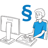 Piirretty miesoletettu istuu tietokoneen ääressä, ilmassa leijuu lakipykälän kuva